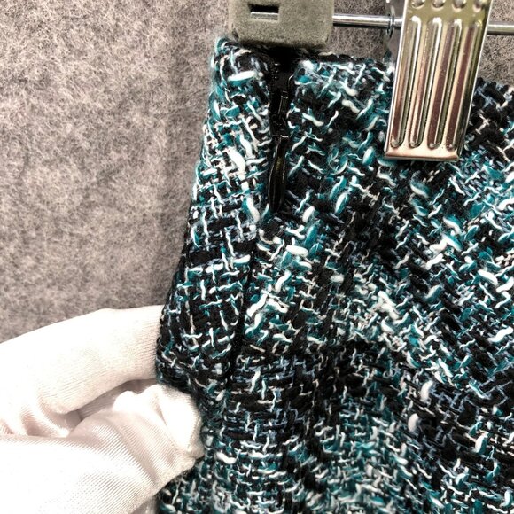 Loft Tweed Mini Skirt Womens 6 Teal Blue Black Plaid Wool Blend Formal - Picture 6 of 12